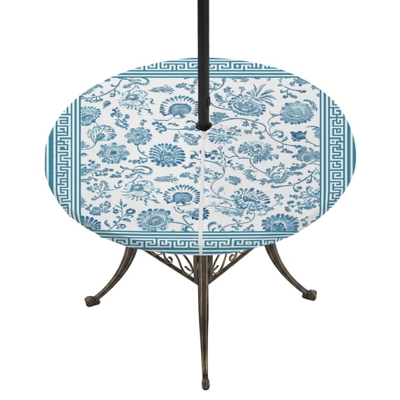 Round Outdoor Tablecloth with Umbrella Hole and Zipper, Teal Blue Floral Tablecloth with Elastic Waterproof, Vintage Flowers Botanical Farmhouse Greek Key Patio Table Covers for 31" - 35" Tables