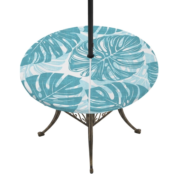 Round Outdoor Tablecloth with Umbrella Hole and Zipper, Teal Blue Monstera Deliciosa Tablecloth with Elastic Waterproof, Summer Botanical Tropical Patio Table Covers for 55" - 60" Picnic Pool Tables