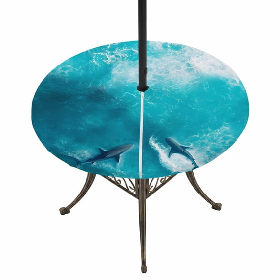 Round Outdoor Tablecloth with Umbrella Hole and Zipper, Teal Blue Ocean Shark Tablecloth with Elastic Waterproof, Coastal Wave Summer Beach Patio Table Covers for 36" - 44" Picnic Pool Tables