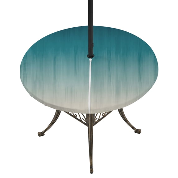 Round Outdoor Tablecloth with Umbrella Hole and Zipper, Teal Blue Ombre Tablecloth with Elastic Waterproof, Contemporary Gradient Abstract Art Patio Table Covers for 36" - 44" Picnic Pool Tables