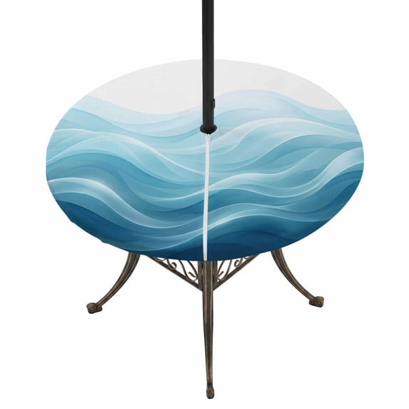 Round Outdoor Tablecloth with Umbrella Hole and Zipper, Teal Blue Ombre Tablecloth with Elastic Waterproof, Summer Beach Ocean Waves Coastal Patio Table Covers for 31" - 35" Picnic Pool Tables