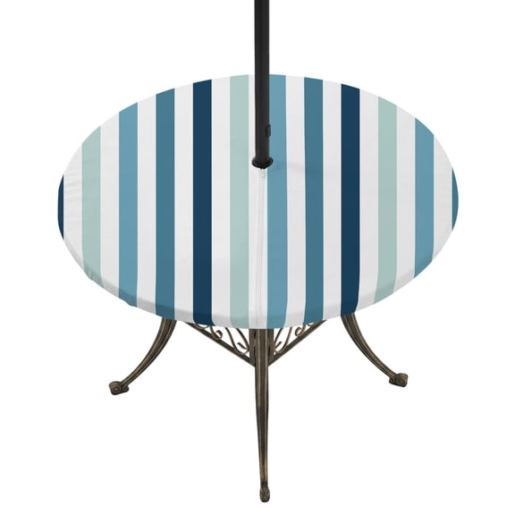 Round Outdoor Tablecloth with Umbrella Hole and Zipper, Teal Blue Stripe Tablecloth with Elastic Waterproof, Ombre Geometric Aqua Vertical Striped Patio Table Covers for 45" - 54" Picnic Pool Tables
