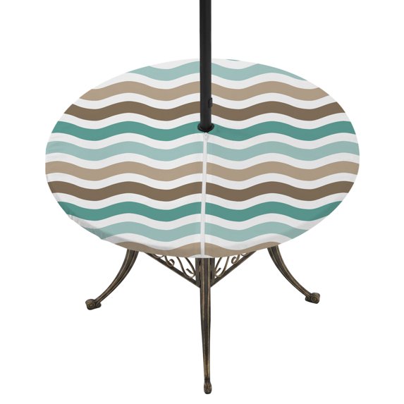 Round Outdoor Tablecloth with Umbrella Hole and Zipper, Teal Brown Ombre Tablecloth with Elastic Waterproof, Geometric Striped Water Ripple White Patio Table Covers for 45" - 54" Picnic Pool Tables