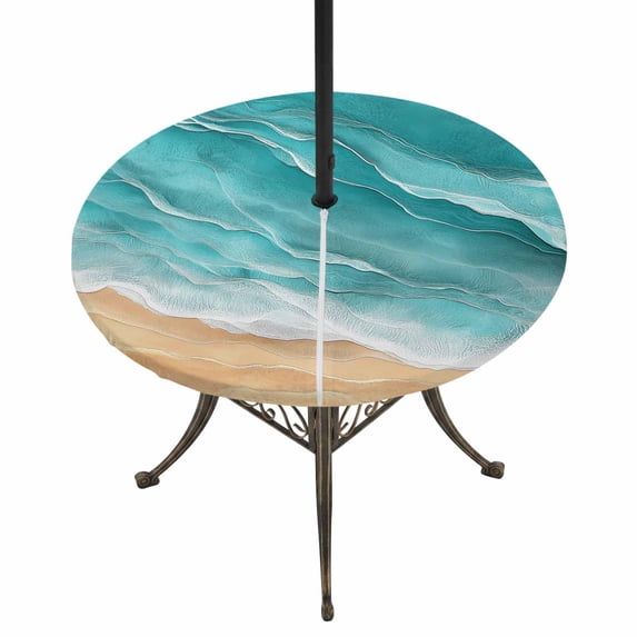 Round Outdoor Tablecloth with Umbrella Hole and Zipper, Teal Coastal Beach Tablecloth with Elastic Waterproof, Summer Nautical Ocean Beige Seaside Patio Table Covers for 55" - 60" Picnic Pool Tables