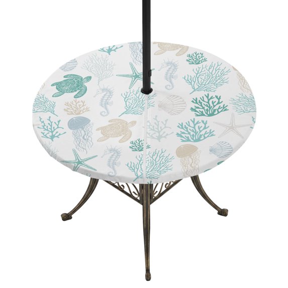 Round Outdoor Tablecloth with Umbrella Hole and Zipper, Teal Coastal Fitted Table Cover with Elastic Edge for 45-54 Inch, Nautical Summer Beach Coral Sea Turtle Waterproof Patio Tablecoths for Picnic