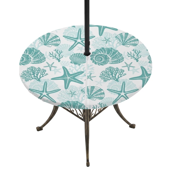 Round Outdoor Tablecloth with Umbrella Hole and Zipper, Teal Coastal Summer Tablecloth with Elastic Waterproof, Coral Shell Starfish Nautical Patio Table Covers for 45" - 54" Picnic Pool Tables