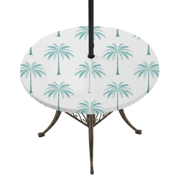Round Outdoor Tablecloth with Umbrella Hole and Zipper, Teal Geeen Palm Trees Tablecloth with Elastic Waterproof, Tropical Summer Beach Botanical Patio Table Covers for 31" - 35" Picnic Pool Tables