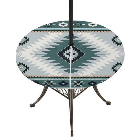 Round Outdoor Tablecloth with Umbrella Hole and Zipper, Teal Gray Boho Tablecloth with Elastic Waterproof, Southwestern Ethnic Abstract Geometric Patio Table Covers for 55" - 60" Picnic Pool Tables