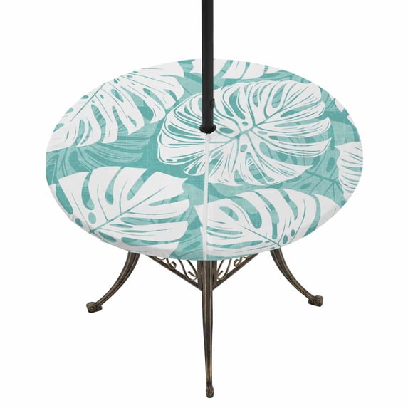 Round Outdoor Tablecloth with Umbrella Hole and Zipper, Teal Green Monstera Deliciosa Tablecloth with Elastic Waterproof, Summer Botanical Tropical Patio Table Covers for 31" - 35" Pool Tables