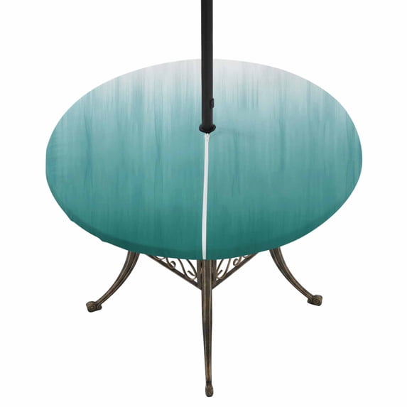 Round Outdoor Tablecloth with Umbrella Hole and Zipper, Teal Green Ombre Tablecloth with Elastic Waterproof, Contemporary Gradient Abstract Art Patio Table Covers for 55" - 60" Picnic Pool Tables
