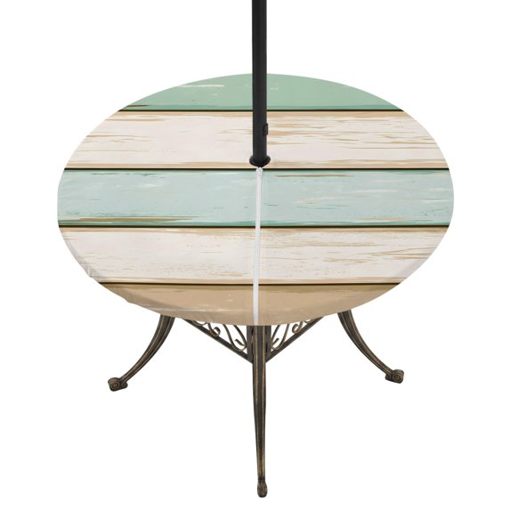 Round Outdoor Tablecloth with Umbrella Hole and Zipper, Teal Green Wood Grain Tablecloth with Elastic Waterproof, Vintage Country Shabby Stripes Patio Table Covers for 36" - 44" Picnic Pool Tables