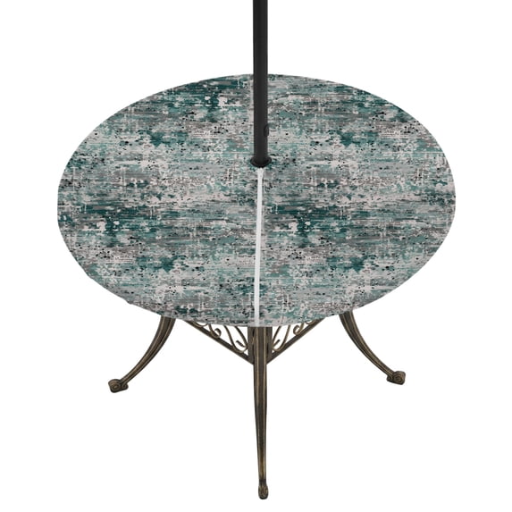 Round Outdoor Tablecloth with Umbrella Hole and Zipper, Teal Grey Abstract Tablecloth with Elastic Waterproof, Modern Graffiti Distressed Mottled Art Patio Table Covers for 36" - 44" Pool Tables