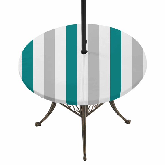 Round Outdoor Tablecloth with Umbrella Hole and Zipper, Teal Grey Striped Tablecloth with Elastic Waterproof, Geometric Vertical Stripes Minimalist Patio Table Covers for 55" - 60" Pool Tables
