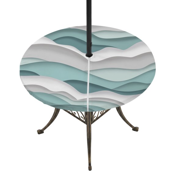 Round Outdoor Tablecloth with Umbrella Hole and Zipper, Teal Ombre Fitted Table Cover with Elastic Edge for 55-60 Inch, Modern Geometric Moire Abstract Art Waterproof Patio Tablecoths for Picnic