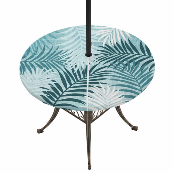 Round Outdoor Tablecloth with Umbrella Hole and Zipper, Teal Palm Leaves Tablecloth with Elastic Waterproof, Summer Botanical Tropical Leaf Patio Table Covers for 31" - 35" Picnic Pool Tables