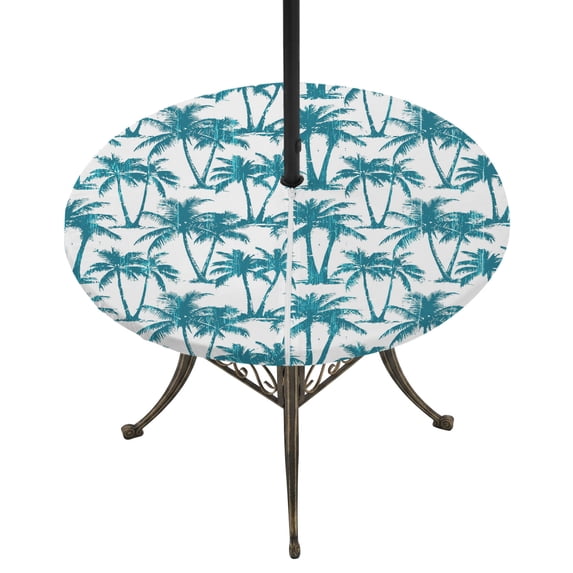 Round Outdoor Tablecloth with Umbrella Hole and Zipper, Teal Palm Tree Tablecloth with Elastic Waterproof, Coastal Trees Summer Tropical Botanical Patio Table Covers for 31" - 35" Picnic Pool Tables
