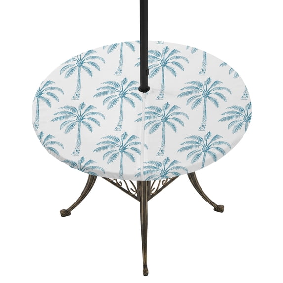 Round Outdoor Tablecloth with Umbrella Hole and Zipper, Teal Palm Tree Tablecloth with Elastic Waterproof, Tropical Summer Botanical Forest Modern Patio Table Covers for 31" - 35" Picnic Pool Tables
