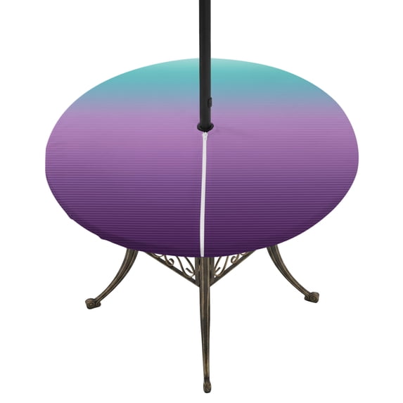 Round Outdoor Tablecloth with Umbrella Hole and Zipper, Teal Purple Ombre Fitted Table Cover with Elastic Edge for 36-44 Inch, Modern Geometric Striped Abstract Art Waterproof Patio Tablecoths