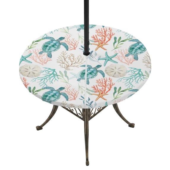 Round Outdoor Tablecloth with Umbrella Hole and Zipper, Teal Red Coastal Tablecloth with Elastic Waterproof, Beach Nautical Sea Turtle Coral Starfish Patio Table Covers for 31" - 35" Pool Tables
