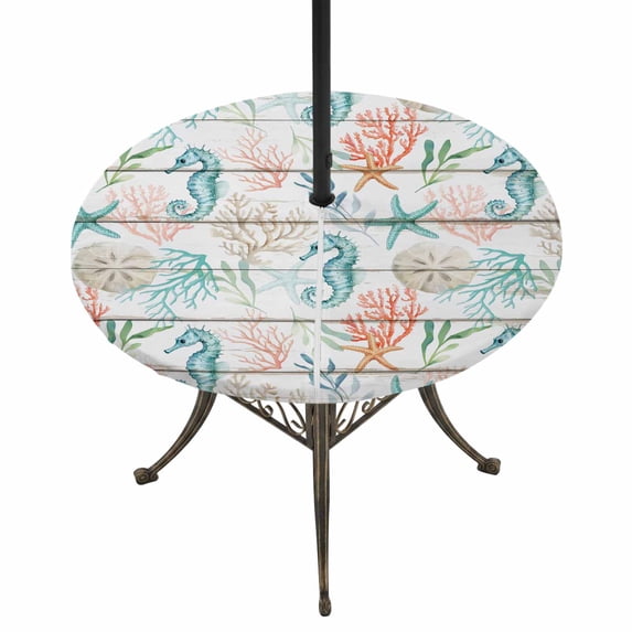 Round Outdoor Tablecloth with Umbrella Hole and Zipper, Teal Red Seahorse Coastal Tablecloth with Elastic Waterproof, Vintage Nautical Beach Coral Starfish Patio Table Covers for 45" - 54" Tables