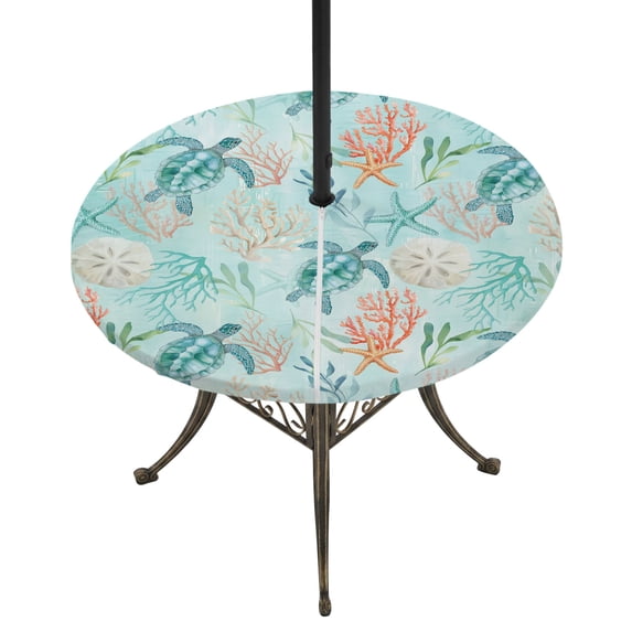 Round Outdoor Tablecloth with Umbrella Hole and Zipper, Teal Red Turtle Coastal Tablecloth with Elastic Waterproof, Summer Beach Nautical Coral Starfish Patio Table Covers for 31" - 35" Pool Tables