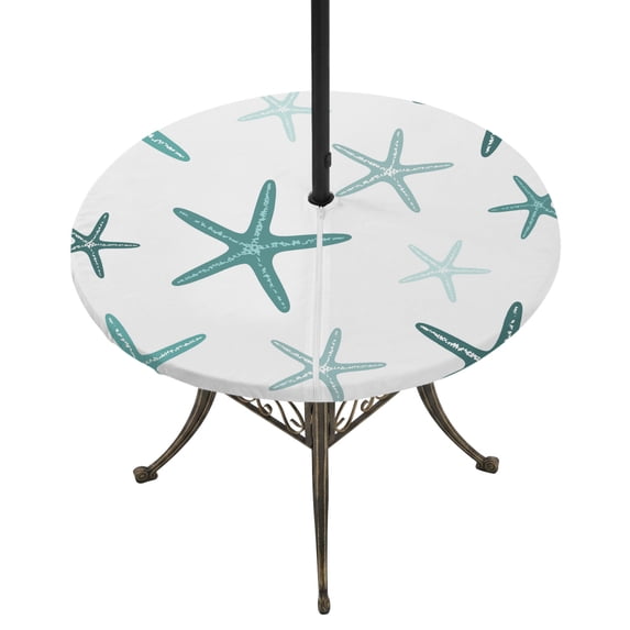 Round Outdoor Tablecloth with Umbrella Hole and Zipper, Teal Starfish Coastal Tablecloth with Elastic Waterproof, Summer Beach Ocean Patio Table Covers for 31" - 35" Picnic Pool Tables