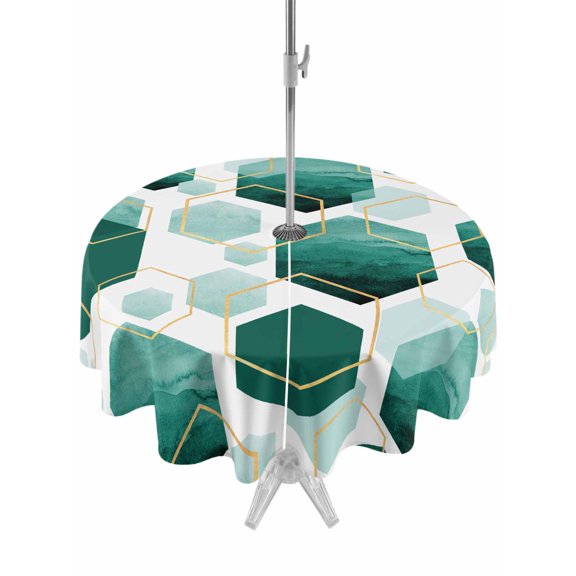 Round Outdoor Tablecloth With Umbrella Hole And Zipper– Teal White Gold Geometric Waterproof Patio Table Cover for Party, Picnic, Backyard, 50" Dia. , Modern Abstract Hexagon Pattern