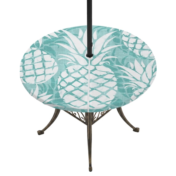 Round Outdoor Tablecloth with Umbrella Hole and Zipper, Teal White Pineapple Tablecloth with Elastic Waterproof, Tropical Summer Botanical Fruits Patio Table Covers for 36" - 44" Picnic Pool Tables