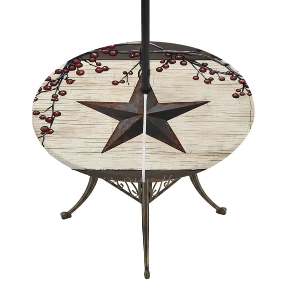 Round Outdoor Tablecloth with Umbrella Hole and Zipper, Texas Star Brown Tablecloth with Elastic Waterproof, Farmhouse Berry Wooden Vintage Patio Table Covers for 55" - 60" Picnic Pool Tables