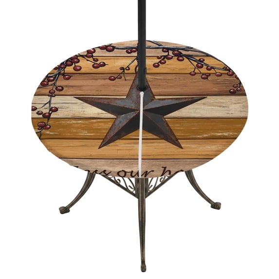 Round Outdoor Tablecloth with Umbrella Hole and Zipper, Texas Star Vintage Tablecloth with Elastic Waterproof, Berry Yellow Brown Wooden Patio Table Covers for 31" - 35" Picnic Pool Tables