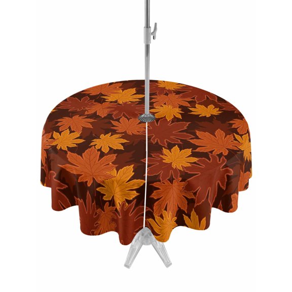 Round Outdoor Tablecloth With Umbrella Hole And Zipper– Thanksgiving Fall Maple Leaves Waterproof Patio Table Cover for Party, Picnic, Backyard, 50" Dia. , Orange Brown Autumn Leaf