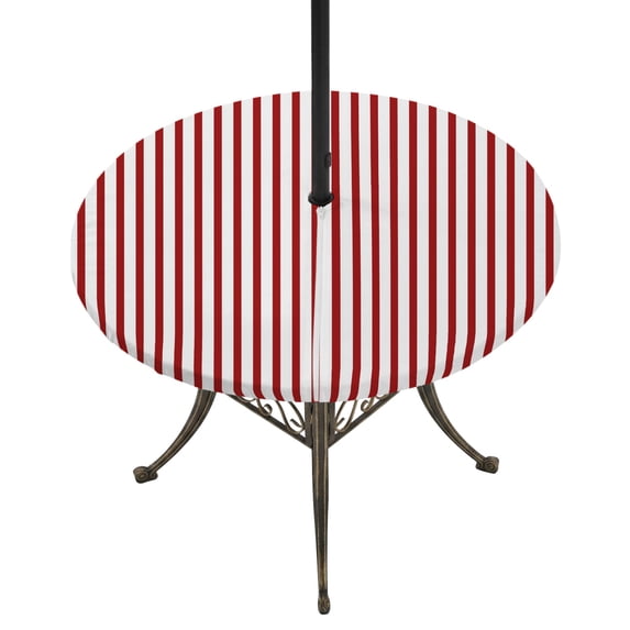 Round Outdoor Tablecloth with Umbrella Hole and Zipper, Thin Red Striped Tablecloth with Elastic Waterproof, Farmhouse Modern Red Stripes Patio Table Covers for 36" - 44" Picnic Pool Tables