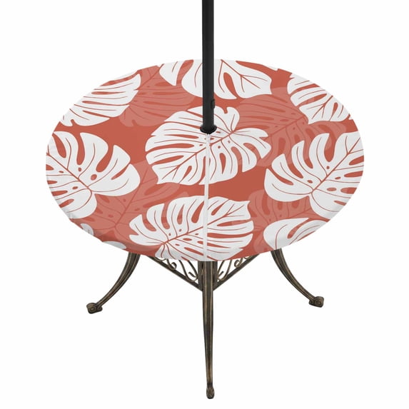 Round Outdoor Tablecloth with Umbrella Hole and Zipper, Tropical Leaves Tablecloth with Elastic Waterproof, Modern Boho Botanical Foliage Retro Red Patio Table Covers for 45" - 54" Pool Tables