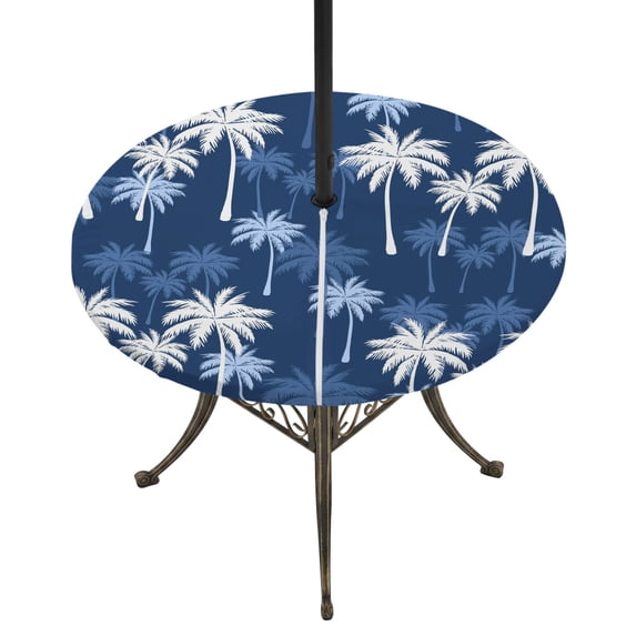 Round Outdoor Tablecloth with Umbrella Hole and Zipper, Tropical Palm Tree Tablecloth with Elastic Waterproof, Navy Blue White Plants Coastal Leaf Patio Table Covers for 45" - 54" Picnic Pool Tables