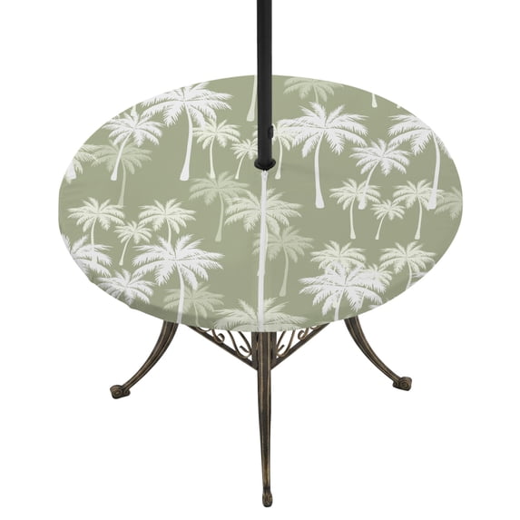 Round Outdoor Tablecloth with Umbrella Hole and Zipper, Tropical Palm Tree Tablecloth with Elastic Waterproof, Sage Green Plants Coastal Leaf Beach Patio Table Covers for 36" - 44" Pool Tables