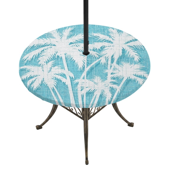Round Outdoor Tablecloth with Umbrella Hole and Zipper, Tropical Palm Tree Tablecloth with Elastic Waterproof, Vintage Aqua Exotic Botanical Plants Patio Table Covers for 55" - 60" Pool Tables