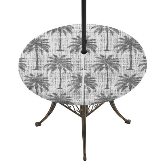 Round Outdoor Tablecloth with Umbrella Hole and Zipper, Tropical Palm Trees Tablecloth with Elastic Waterproof, Summer Coastal Grey Vintage Patio Table Covers for 45" - 54" Picnic Pool Tables