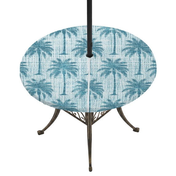 Round Outdoor Tablecloth with Umbrella Hole and Zipper, Tropical Palm Trees Tablecloth with Elastic Waterproof, Summer Coastal Teal Vintage Patio Table Covers for 45" - 54" Picnic Pool Tables