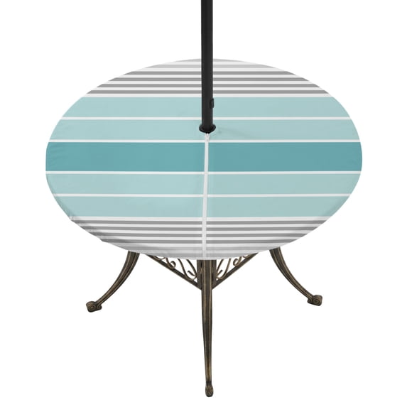 Round Outdoor Tablecloth with Umbrella Hole and Zipper, Turquoise Aqua Stripes Tablecloth with Elastic Waterproof, Modern Gradient Minimalist Lines Patio Table Covers for 31" - 35" Pool Tables
