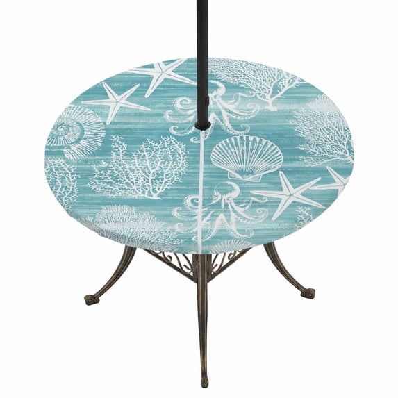 Round Outdoor Tablecloth with Umbrella Hole and Zipper, Turquoise Coastal Tablecloth with Elastic Waterproof, Nautical Coral Starfish Shell Octopus Sea Patio Table Covers for 31" - 35" Pool Tables