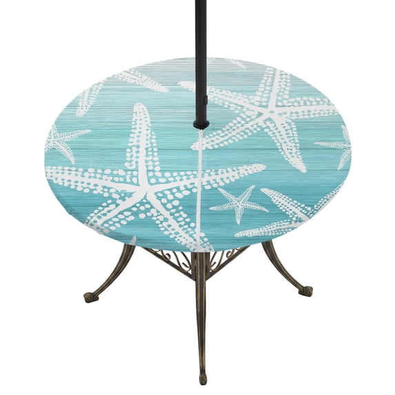 Round Outdoor Tablecloth with Umbrella Hole and Zipper, Turquoise Gray Starfish Tablecloth with Elastic Waterproof, Summer Coastal Nautical Ocean Classic Patio Table Covers for 45" - 54" Pool Tables