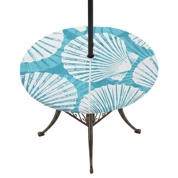 Round Outdoor Tablecloth with Umbrella Hole and Zipper, Turquoise Scallop Coastal Tablecloth with Elastic Waterproof, Summer Beach Nautical Patio Table Covers for 45" - 54" Picnic Pool Tables