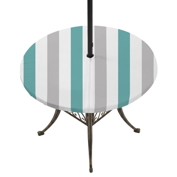 Round Outdoor Tablecloth with Umbrella Hole and Zipper, Turquoise Striped Tablecloth with Elastic Waterproof, Geometric Vertical Grey Stripes White Patio Table Covers for 45" - 54" Pool Tables