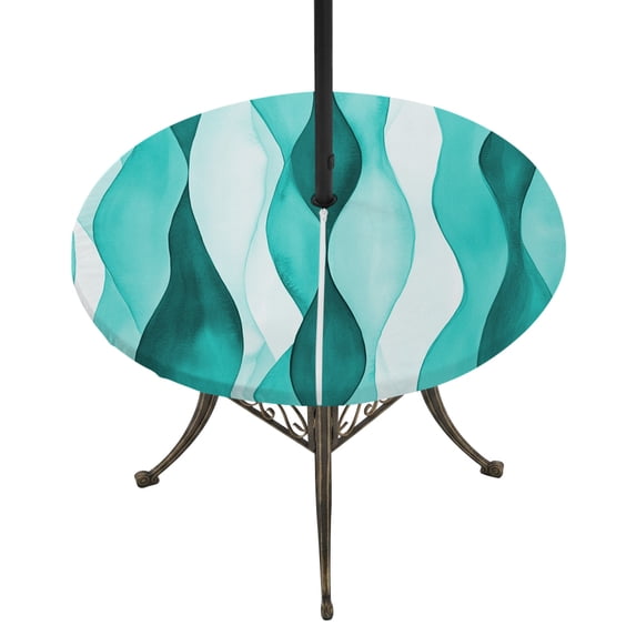 Round Outdoor Tablecloth with Umbrella Hole and Zipper, Turquoise Stripes Fitted Table Cover with Elastic Edge for 45-54 Inch, Vintage Farmhouse Ripple Texture Art Waterproof Patio Tablecoths