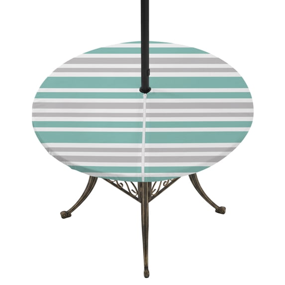 Round Outdoor Tablecloth with Umbrella Hole and Zipper, Turquoise Stripes Tablecloth with Elastic Waterproof, Modern Minimalist Horizontal Lines Patio Table Covers for 55" - 60" Picnic Pool Tables