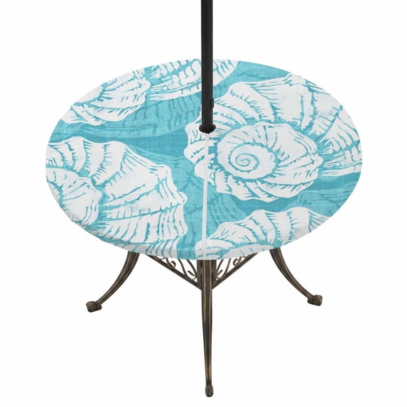 Round Outdoor Tablecloth with Umbrella Hole and Zipper, Turquoise White Conch Coastal Tablecloth with Elastic Waterproof, Nautical Summer Ocean Patio Table Covers for 45" - 54" Picnic Pool Tables
