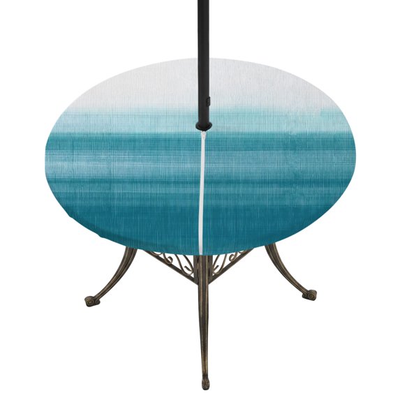 Round Outdoor Tablecloth with Umbrella Hole and Zipper, Turquoise White Ombre Tablecloth with Elastic Waterproof, Modern Country Abstract Stripes Patio Table Covers for 45" - 54" Picnic Pool Tables
