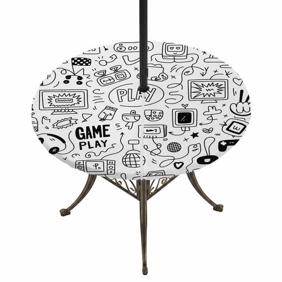 Round Outdoor Tablecloth with Umbrella Hole and Zipper, Video Game Tablecloth with Elastic Waterproof, Black White Game Controller Monochrome Patio Table Covers for 36" - 44" Picnic Pool Tables