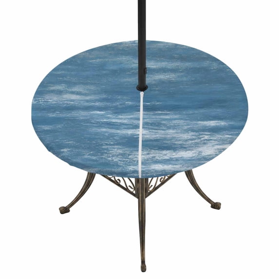 Round Outdoor Tablecloth with Umbrella Hole and Zipper, Vintage Blue Tablecloth with Elastic Waterproof, Modern Abstract Art Ombre Patio Table Covers for 36" - 44" Picnic Pool Tables