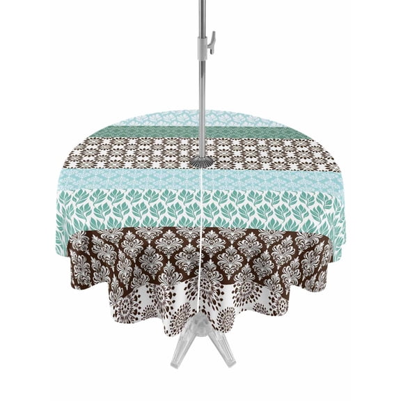 Round Outdoor Tablecloth With Umbrella Hole And Zipper– Vintage Boho Geometric Stripes Waterproof Patio Table Cover for Party, Picnic, Backyard, 50" Dia. , Turquoise